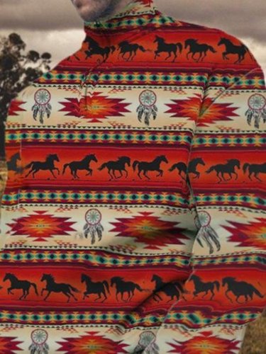 Men's fashion ethnic style horse pattern stitching zipper sweater