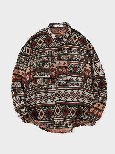 Men's Retro Geometric Pattern Stitching Jacquard Shirt