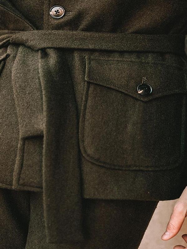 Men's British Style Belt Stand Collar Woolen Jacket