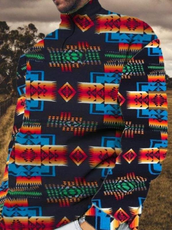 Men's Casual Ethnic Style Geometric Print Stitching Zipper Sweater