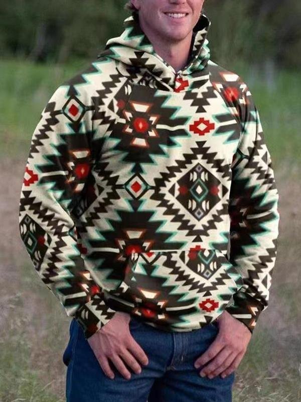 Men's Fashion Geometric Printing Hooded Long Sleeved Sweater