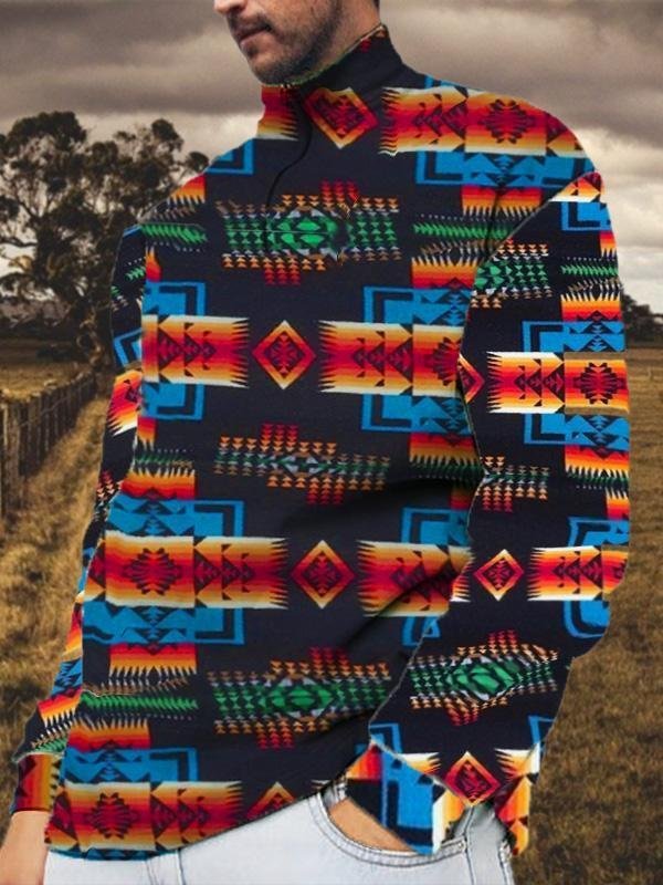 Men's Casual Ethnic Style Geometric Print Stitching Zipper Sweater