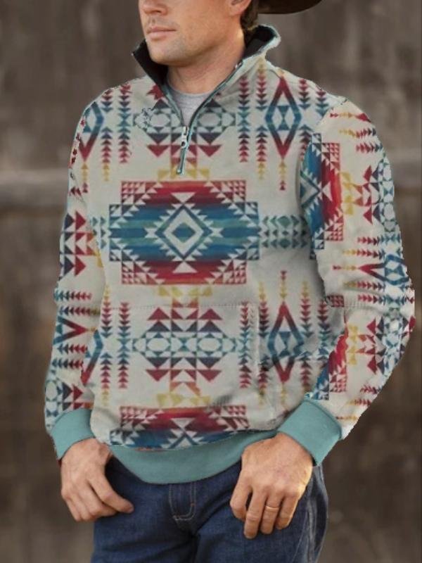 Men's Retro Ethnic Print Zipper Sweater