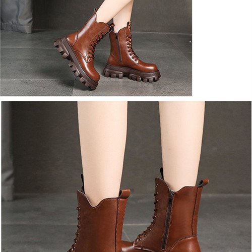 Winter Shoes Women Boots Round Toe Flats Black & Brown Leather