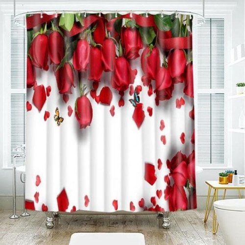 Red Rose Shower Curtain 3D Digital Printing Pattern Bathroom Curtain Mildew Waterproof Shower Curtain