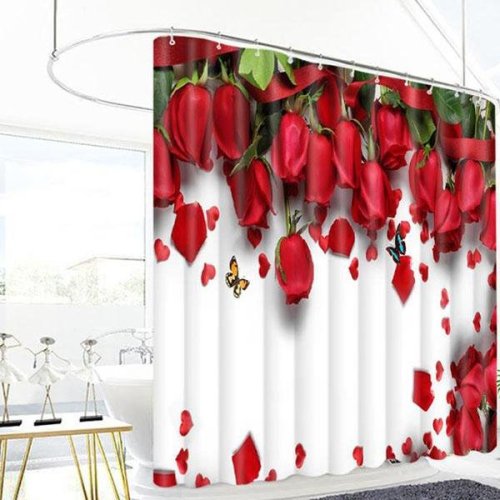 Red Rose Shower Curtain 3D Digital Printing Pattern Bathroom Curtain Mildew Waterproof Shower Curtain