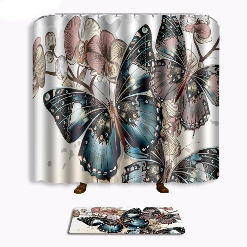Butterfly Bathroom Shower Curtain Mat Combination Set Mildew Waterproof Shower Curtain