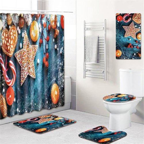 Shower Curtain Mats Five-Piece Carpets Christmas Shower Curtain Mat Combination Shower Room Mat U-Shaped Toilet Mat
