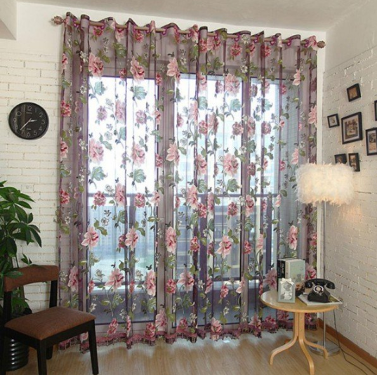 Flower Transparent Tulle Curtains Window Screen Decor Living Room Yellow Purple Sheer Curtain
