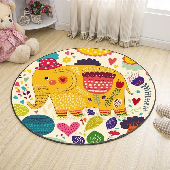 Cartoon Animals Printing Pattern Round Carpet Mat Home Living Room Bedroom Baby Bedside Non-slip Crawling Mat