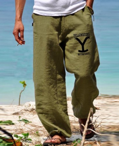 men's cotton linen elastic waist solid color loose casual pants