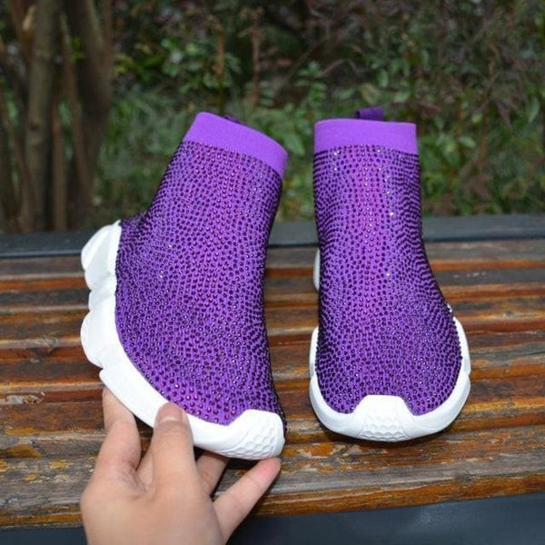 Purple Rhinestone Crystal Sock Boots Sneakers