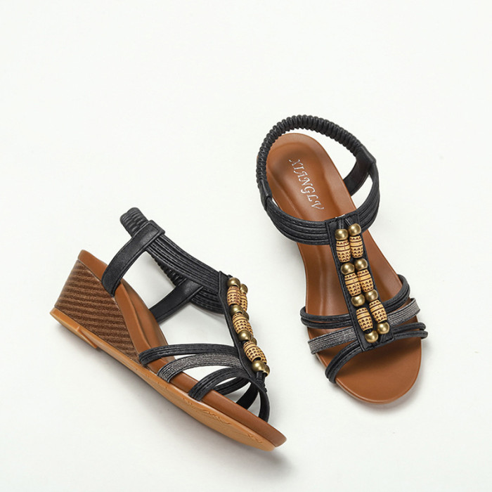 Bohemian folk style wedges sandals-Rhinestones beaded beach shoes
