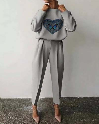 Casual Heart Butterfly Print Crew Neck Suit