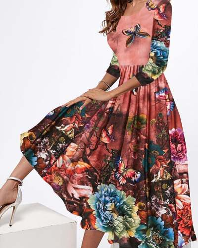 Casual Floral Round Neck Dress S-3XL