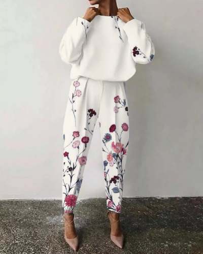 Casual Floral Round Neck Suit