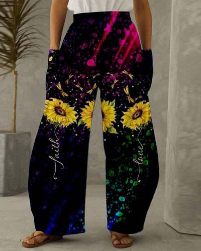 Women's Retro Casual Loose Trousers Sunflower Print Pants S-5XL