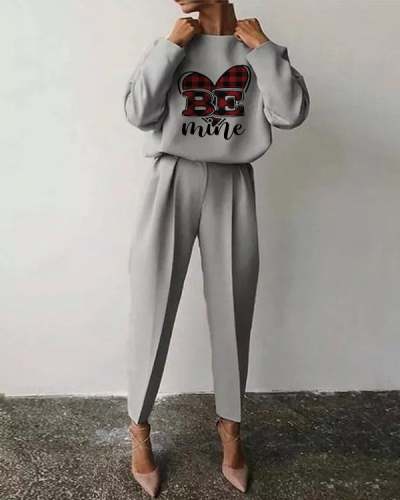 Casual Heart Check Print Crew Neck Suit