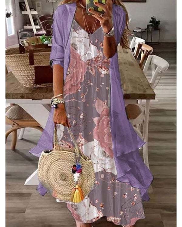 Fake Two Piece Casual V-neck Printed Maxi Dress S-5XL