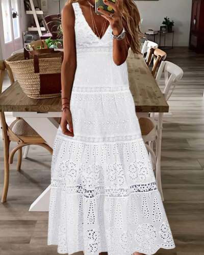 Solid Casual Lace Sleeveless A-Line Dress