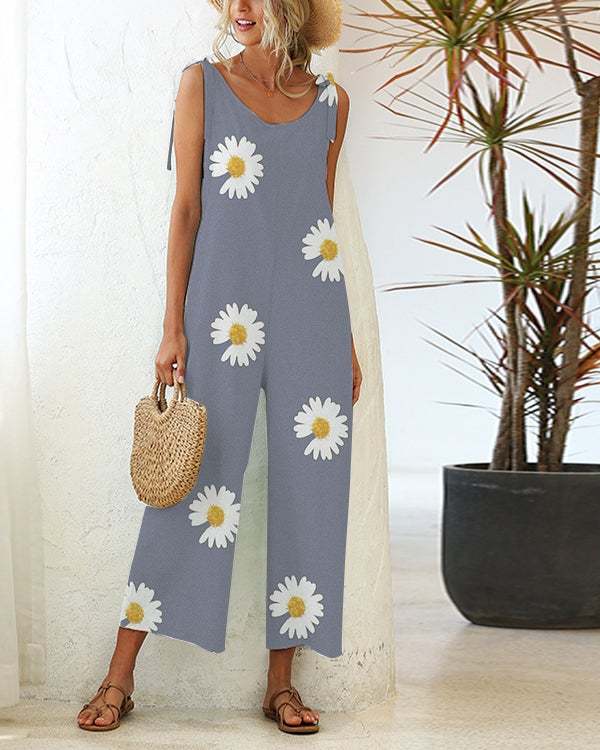 Casual Loose Lace-up Straight-leg Daisy Jumpsuit