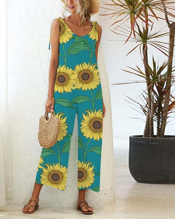 Casual Loose Lace-up Straight-leg Sunflower Jumpsuit