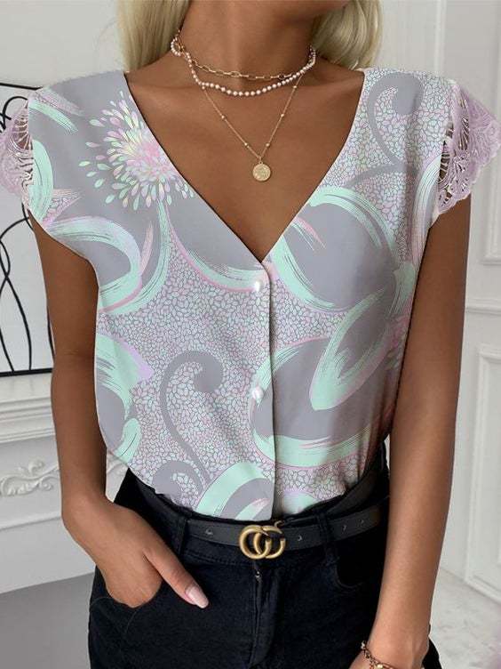 Women's V-Neck Lace Sleeve Shirt S-5XL