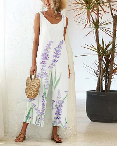 Casual Loose Lace-up Straight-leg Floral Jumpsuit
