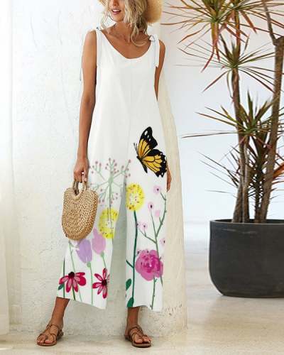 Casual Loose Lace-up Straight-leg Floral Butterfly Jumpsuit