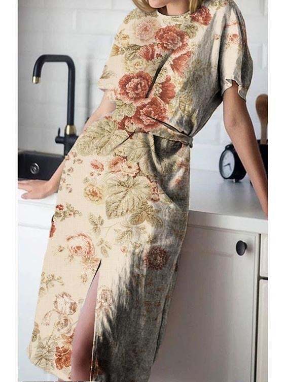 Pleated Waist Short Sleeve Split Cotton Linen Dress S-5XL