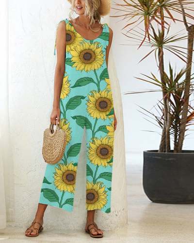 Casual Loose Lace-up Straight-leg Sunflower Jumpsuit