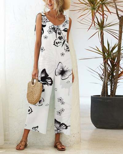 Casual Loose Lace-up Straight-leg Floral Butterfly Jumpsuit
