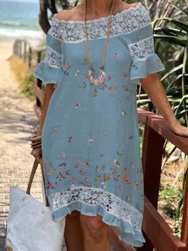 A-line Dress Lace Sleeves Pleated Cotton and Linen Dress M-5XL