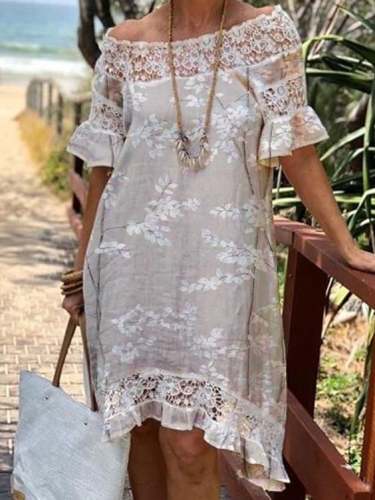 A-line Dress Lace Sleeves Pleated Cotton and Linen Dress M-5XL