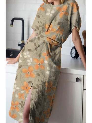 Pleated Waist Short Sleeve Split Cotton Linen Dress S-5XL