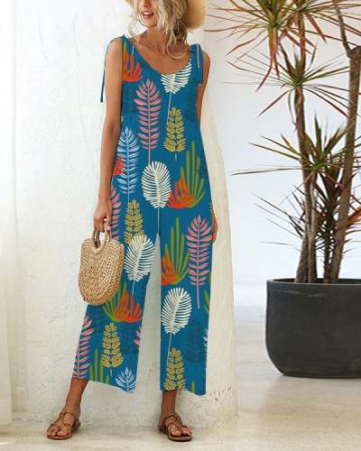 Casual Loose Lace-up Straight-leg Printed Jumpsuit