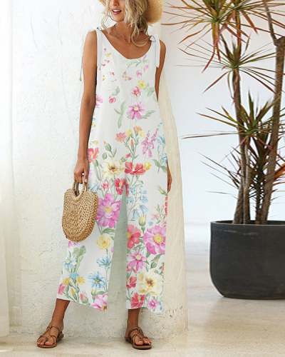 Casual Loose Lace-up Straight-leg Floral Jumpsuit