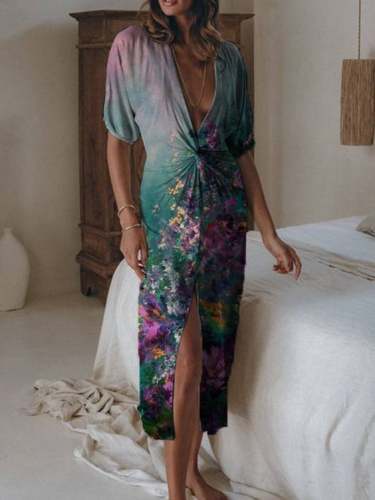 Printed Satin Pleated Elegant Slit V-neck Maxi Dress