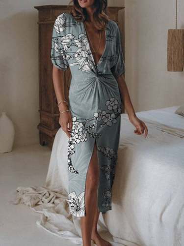 Printed Satin Pleated Elegant Slit V-neck Maxi Dress