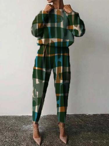 Casual Print Crew Neck Sweater Suit