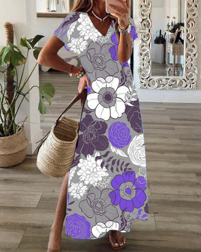 Casual Floral Print V-Neck Short Sleeve Hem Slit Maxi Dress