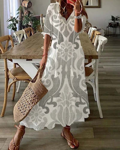 Bohemian V-Neck Print Drawstring Short Sleeve Midi Dress