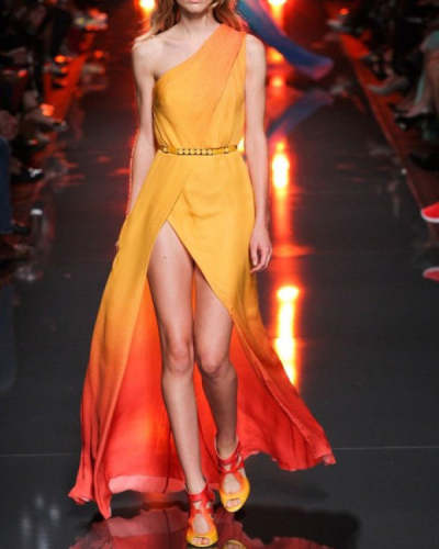 Orange Irregular Neck Sleeveless Gradient Print Slit Dress