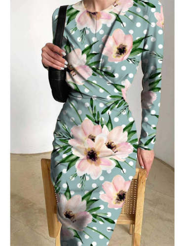 Printed Satin Pleats Elegant Slim Fit Crew Neck Maxi Dress