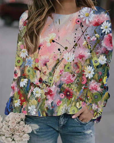 Casual Floral Print Crew Neck Long Sleeve Top