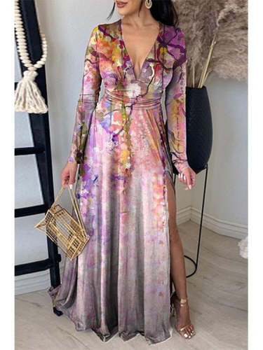 Printed Neck Pleated Elegant Slit V-Neck Maxi Dress