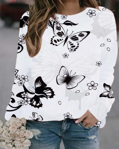 Casual Butterfly Print Crew Neck Long Sleeve Top