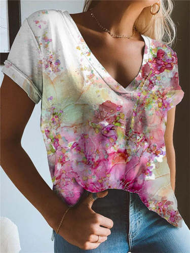 Women's Colorful Floral Print Short Sleeve Crewneck T-Shirt