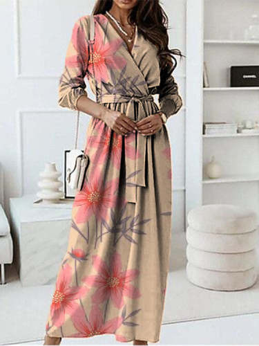 Printed Satin Pleated Elegant Bandage V-Neck Dress