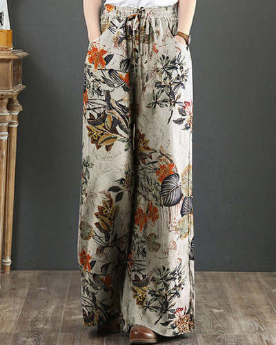 Casual Floral Printed Linen Fabric Spring New Popular Designer Ladies Loose Pants